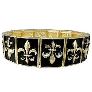 Black & Gold Tone Fleur De Lis Panel Stretch Bracelet